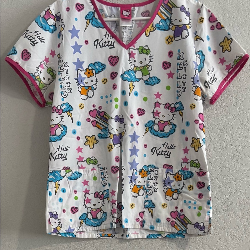 Hello Kitty White Scrub Top with Pink Trim and Multicolor Print